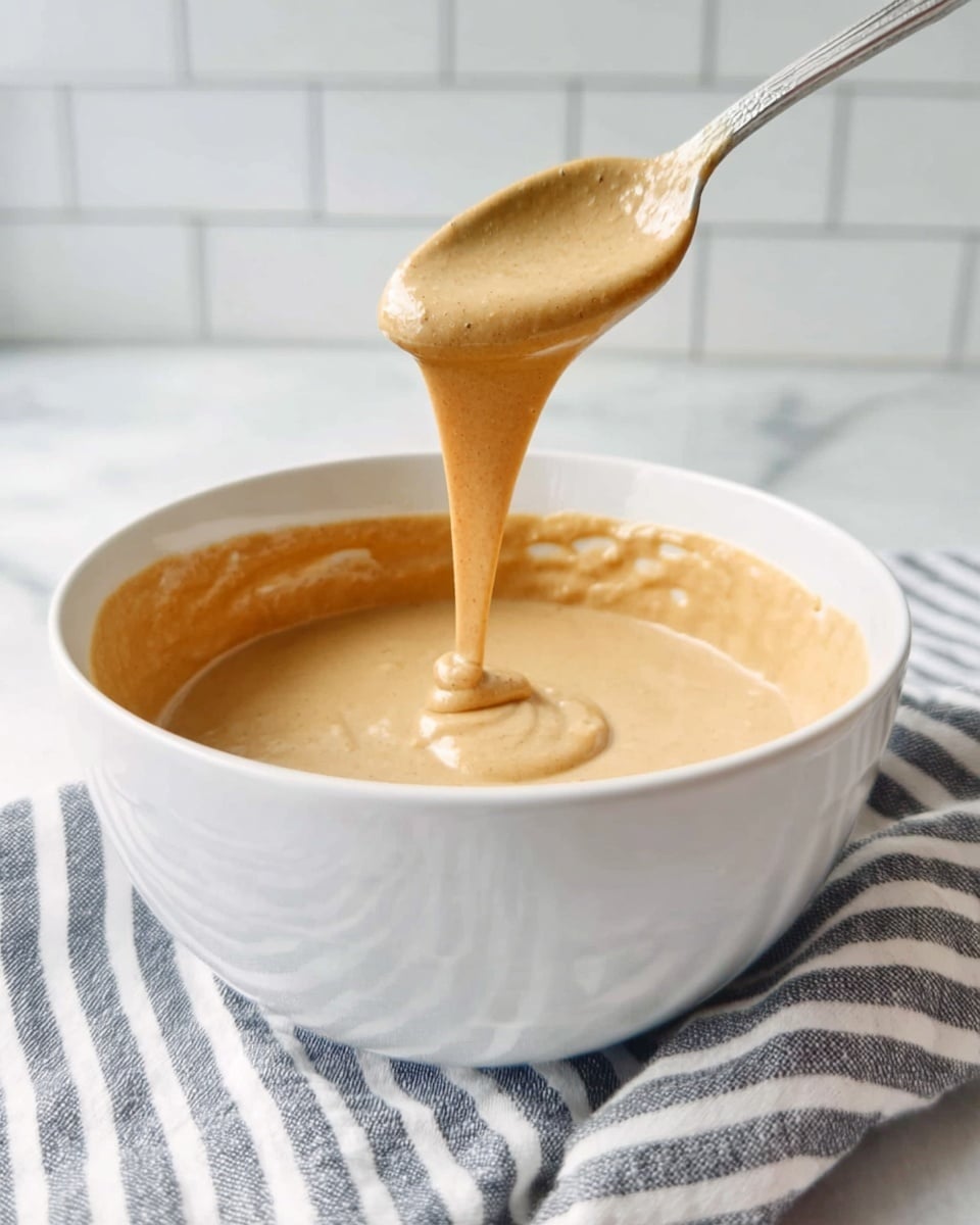 A white bowl filled with light brown, smooth batter that has a thick but pourable texture, with some batter stuck on the inside edge of the bowl. A spoon held by a woman's hand lifts some batter above the bowl, and the batter drips slowly back into it. The bowl sits on a striped cloth on a white marbled surface, with white tile in the blurred background. photo taken with an iphone --ar 4:5 --v 7
