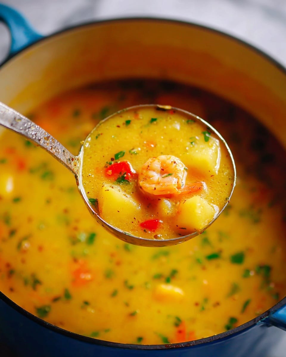 A white bowl filled with a chunky vegetable soup sits on a white marbled surface. The soup has three main layers of ingredients: large yellow potato pieces and smaller chickpeas that are soft and round, bright orange carrot chunks, and bits of fresh green herbs sprinkled all over, adding contrast. The soup broth is golden and slightly thick, with specks of black pepper floating on top. Around the bowl, fresh green herb leaves and a spoon rest on the white marbled surface. Photo taken with an iphone --ar 4:5 --v 7