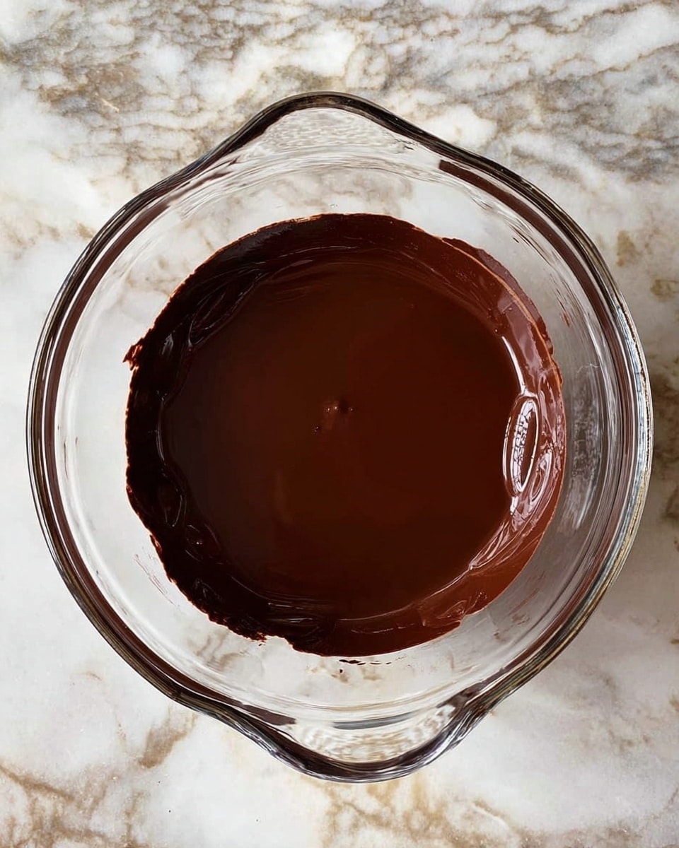 A clear glass bowl with two small handles holds one smooth, shiny layer of melted dark chocolate that is thick and rich. The chocolate layer is centered and takes up about half of the bowl's base, glowing slightly under soft light. The bowl is placed on a white marbled surface that enhances the deep brown color of the chocolate. photo taken with an iphone --ar 4:5 --v 7