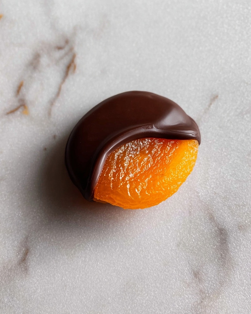 The image shows many dried apricot halves, each dipped halfway in smooth dark chocolate, placed on a white marbled surface. The apricots are bright orange, soft and textured, while the chocolate is glossy and rich dark brown. Each apricot half is decorated with a few toppings on the chocolate side, arranged evenly near the edges: some have green pumpkin seeds, others have crushed nuts in light brown pieces, some have light pink dried flower petals, and a few have coarse white salt flakes. The apricots are scattered neatly across the surface with spacing between them, and the light highlights the shiny chocolate and textured apricots clearly. photo taken with an iphone --ar 4:5 --v 7