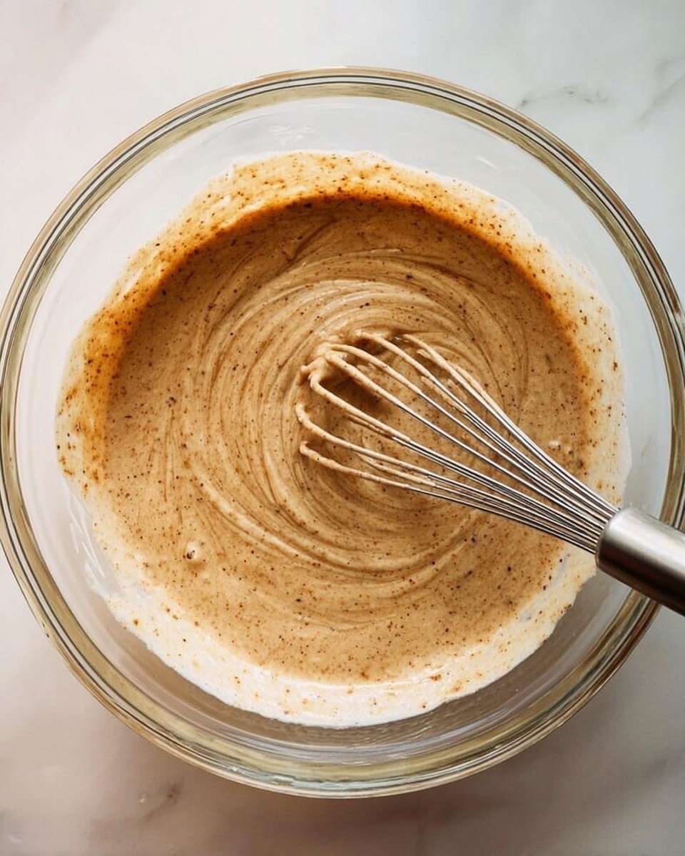 A transparent glass bowl filled with a light brown batter mixed with darker brown specks, showing a smooth yet slightly thick texture. A metal whisk rests inside the bowl, its wires coated with the batter. The bowl is placed on a white marbled surface with natural light highlighting the mixture's creamy consistency and the swirls created by stirring. photo taken with an iphone --ar 4:5 --v 7