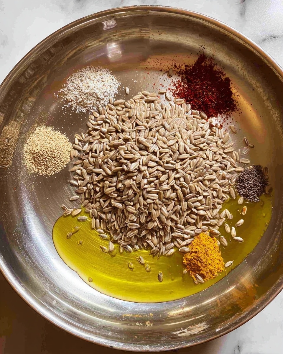 Inside a shiny silver pan on a white marbled surface, there is a large pile of light brown sunflower seeds in the center. Around the seeds, there are four small piles of spices: a white grainy powder at the top left, a dark brown seed-like spice near the top center, a yellow powder with a hint of orange on the right, and a reddish-brown powder on the left. On the right side under the spices, there is a puddle of golden yellow oil. The spices and seeds create a clear contrast against the metallic pan, showing different textures and colors in a random but balanced arrangement. Photo taken with an iphone --ar 4:5 --v 7