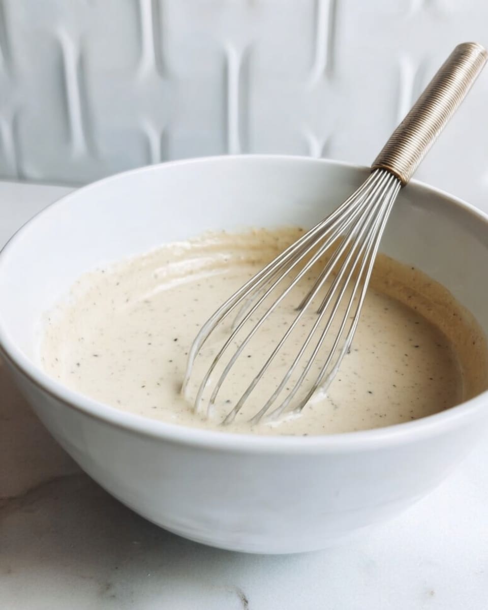 A white bowl holds light beige sauce with visible black specks, showing a smooth and creamy texture. A metal whisk is resting inside the sauce, partially covered, with thin lines of the mixture outlining the edges of the bowl, and the background shows a white marbled surface with subtle raised designs on a white tile wall behind. photo taken with an iphone --ar 4:5 --v 7