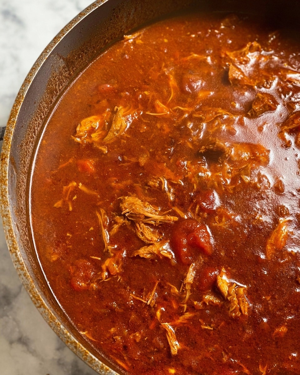 A close-up of a large pot filled with thick red-brown stew showing visible pieces of shredded light brown meat mixed into a deep, smooth sauce with an oily sheen and small chunks of vegetables or spices. The stew has a rich, warm color with some parts glistening from steam or heat, and the pot's edge is shiny metal. The background is a white marbled texture. Photo taken with an iphone --ar 4:5 --v 7