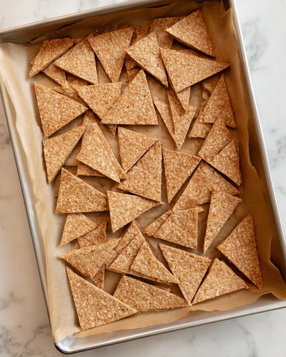A large silver baking tray lined with brown parchment paper holds many triangular oat crackers. The oat crackers are light brown with a rough, grainy texture from the oats, and each cracker is thin and flat. They are arranged in a scattered, yet organized way, covering most of the tray in a single layer. The background surface is a white marbled texture. Photo taken with an iphone --ar 4:5 --v 7