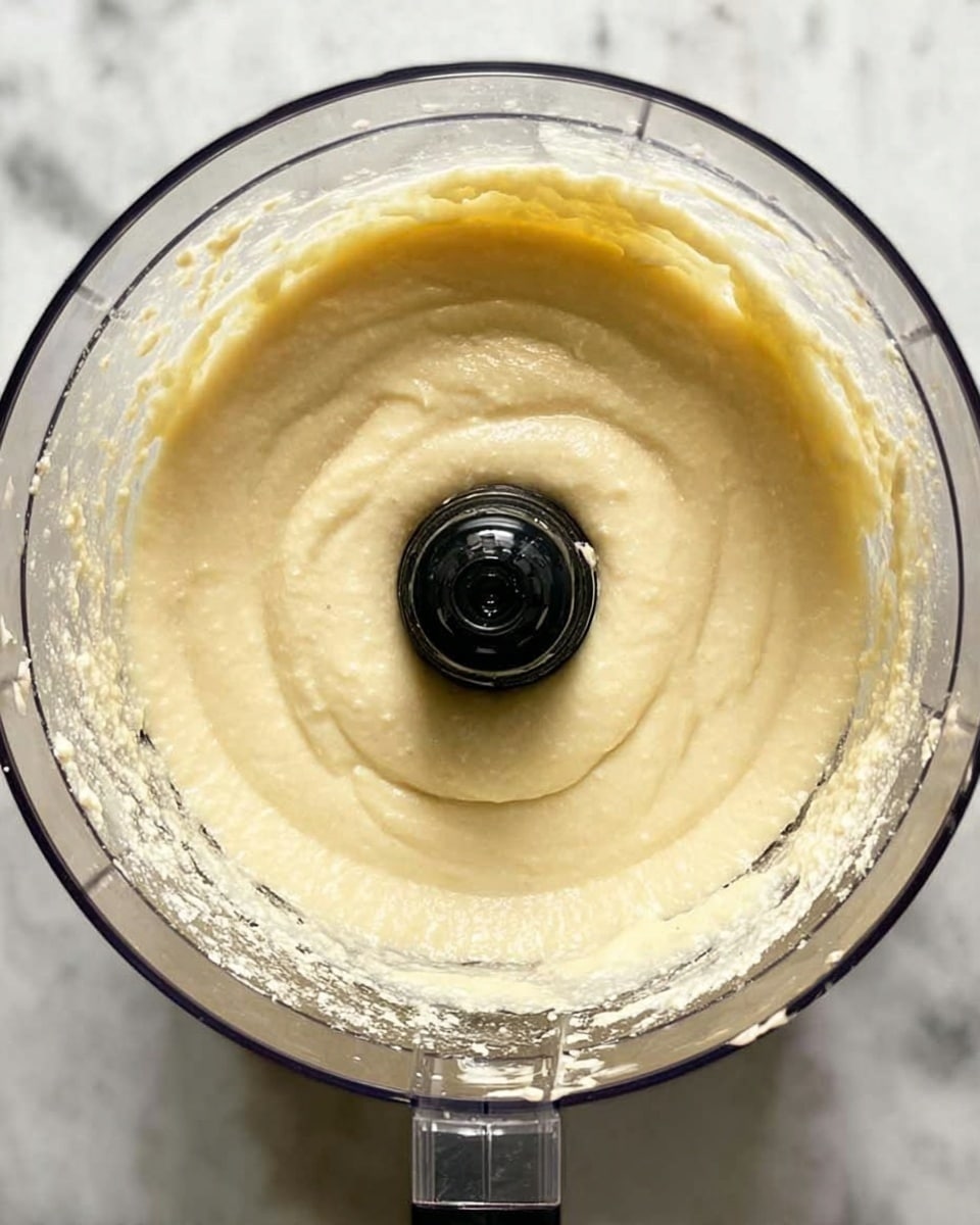 A clear food processor bowl filled with a smooth, creamy pale yellow batter that has a soft, thick texture. The batter surface is even with a slight swirl in the middle near the central black blade holder. The bowl sits on a white marbled surface, and the clear sides of the bowl show some batter splashes near the upper edges. Photo taken with an iphone --ar 4:5 --v 7