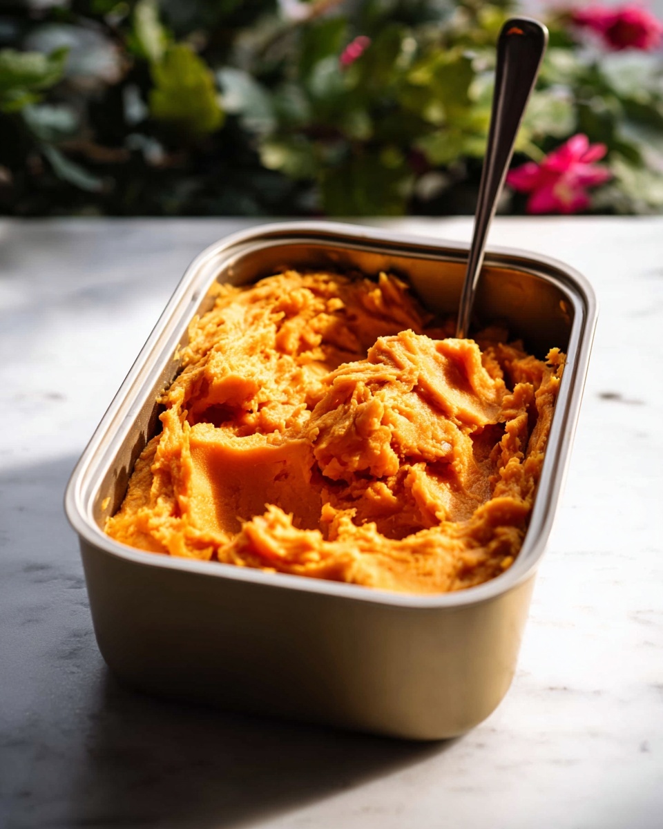 Chipotle Beef Sweet Potato Skins Recipe 4 A rectangular metal container filled with mashed orange sweet potatoes that have a slightly uneven, soft texture with some smooth and some chunky spots, piled loosely and slightly heaped towards the center; a silver spoon is standing upright in the mash, giving a sense of depth and height; the container sits on a white marbled surface with soft morning light casting gentle shadows and a blurred background showing out-of-focus green and pink plants. photo taken with an iphone --ar 4:5 --v 7