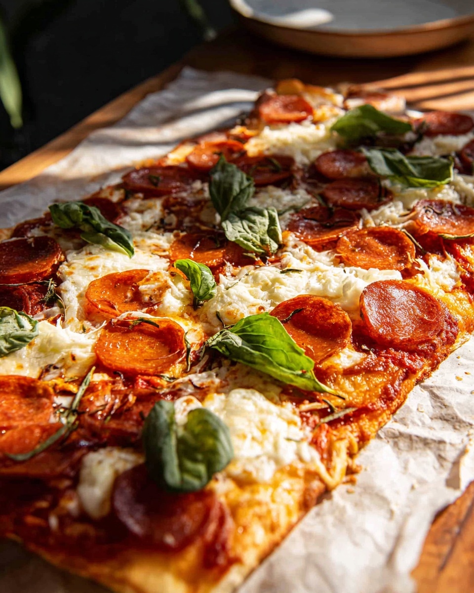 A close-up view of a rectangular pizza with one main layer of thin bread crust topped with bright red tomato sauce spread evenly, a thick layer of melted white cheese with some golden brown spots, scattered round orange-red pepperoni slices across the surface, and fresh dark green basil leaves placed on top. The pizza is on white parchment paper, resting on a wood surface with sunlight casting soft shadows. The background has a dark area with a glimpse of a white plate. Photo taken with an iphone --ar 4:5 --v 7