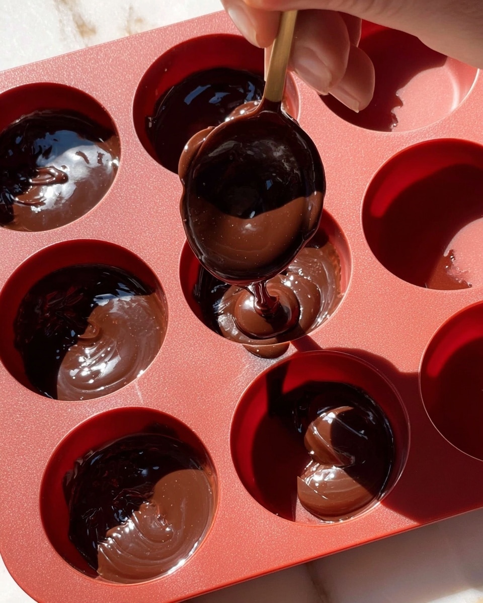 A close-up shot shows a red silicone mold with six round cavities, each filled with a layer of shiny, dark chocolate. A woman's hand holds the mold, and a spoon coated in the same dark chocolate is dripping into one of the cavities, spreading the chocolate inside. The chocolate has a smooth, glossy texture and fills the molds unevenly, some with more chocolate pooled in the center. The surface underneath is a white marbled texture, and the photo has warm natural lighting. photo taken with an iphone --ar 4:5 --v 7