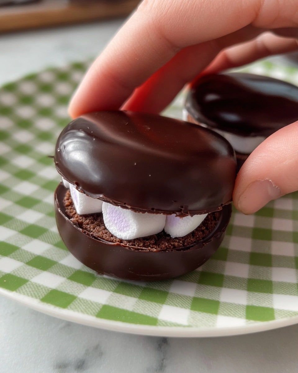 A close-up view of a round chocolate dessert with two smooth, shiny dark chocolate halves forming the top and bottom layers. Inside, visible white small marshmallows create a soft, puffy middle layer, sitting on a crumbly brown chocolate or cookie base. A woman's hand is gently holding the top half of the chocolate, slightly lifting it. The dessert is placed on a white plate with a green and white square pattern, all set on a white marbled surface. Photo taken with an iphone --ar 4:5 --v 7