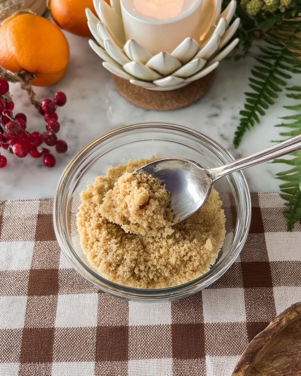 A clear glass bowl holds a single textured layer of light tan crumbly mixture, evenly spread across the bottom. A silver spoon pokes into the crumbs from the right side, stirring slightly and lifting some crumbs, revealing the soft texture. The bowl is set on a checkered cloth with brown and white squares. Around the bowl, there is a white artichoke-shaped candle holder with a lit candle inside, some orange fruit to the left, red berries, and green fern leaves to the right. The whole scene is arranged on a white marbled surface. photo taken with an iphone --ar 4:5 --v 7