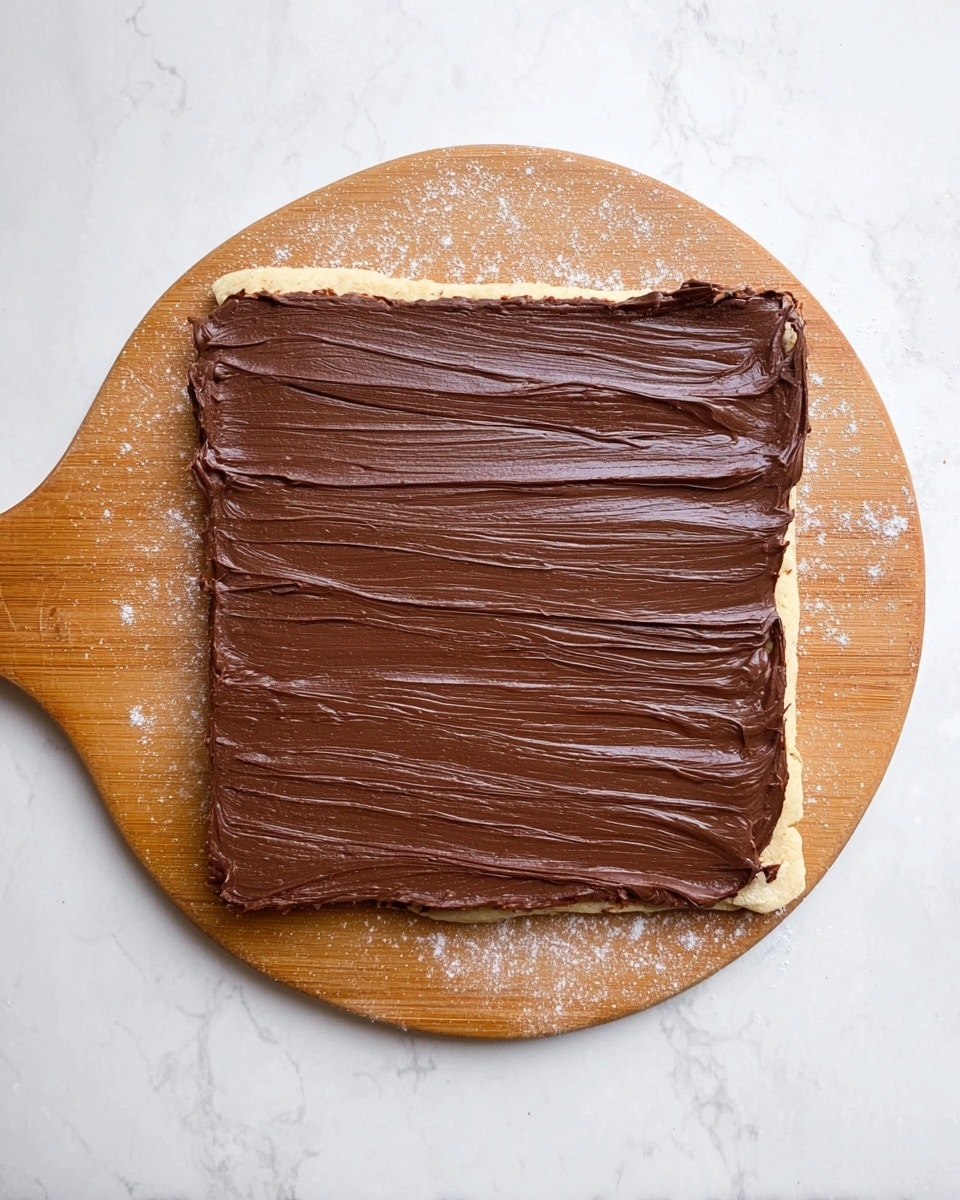 A square dough piece sits flat on a round wooden board with a handle, sprinkled lightly with flour. The dough is covered in a smooth, thick layer of dark brown chocolate spread, applied evenly with visible strokes running vertically from top to bottom, almost reaching the edges but leaving a thin border of dough showing. The background is a white marbled texture. photo taken with an iphone --ar 4:5 --v 7