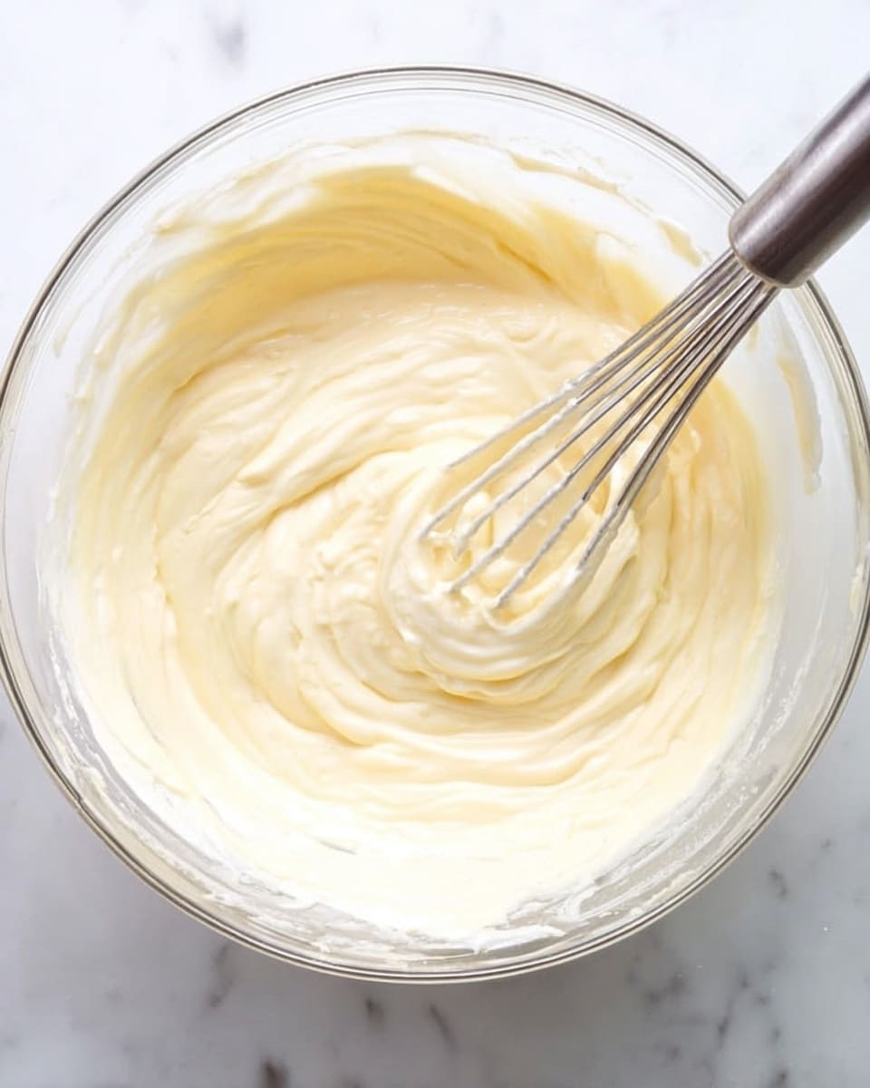 A clear glass bowl filled with a thick pale yellow creamy mixture that looks smooth and light, with soft swirls made by a metal whisk which is partially in the bowl. The bowl sits on a white marbled surface, and the whisk’s wires are coated with the mixture, showing motion as it is stirring the contents. photo taken with an iphone --ar 4:5 --v 7