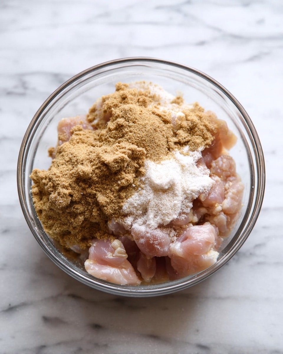 A clear glass bowl sits on a white marbled surface, filled with three main layers of ingredients. The bottom layer consists of light pink pieces of raw chicken meat. On top of the chicken, there is a layer of beige-brown powdery seasoning, and next to it a smaller pile of fine white powder, both sitting side by side. The textures vary from the soft, raw chicken to the dry, grainy spices. photo taken with an iphone --ar 4:5 --v 7