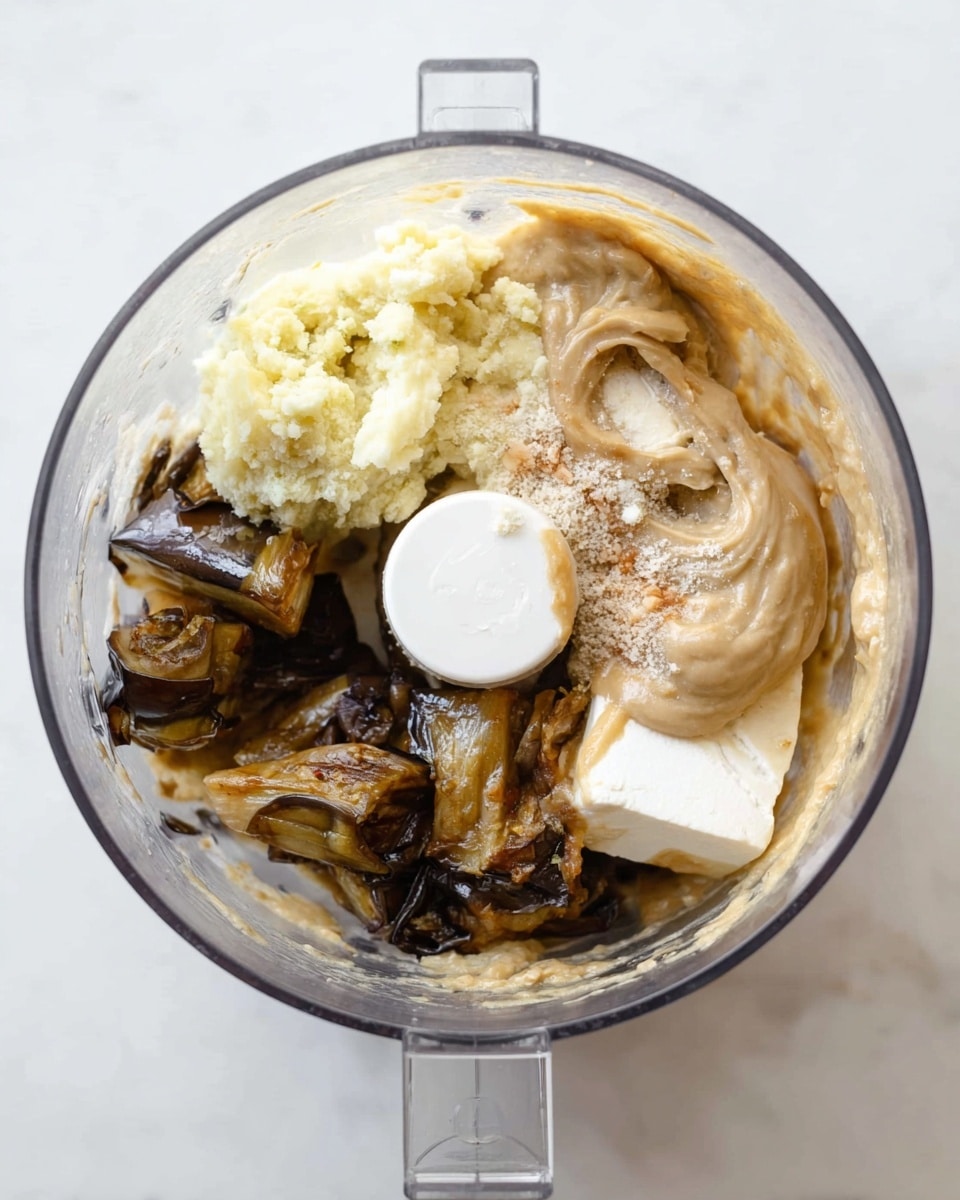 A clear food processor bowl with several ingredients inside sits on a white marbled surface. In the bowl, there are three main layers of cooked eggplant, each with a soft and slightly mushy texture and dark to light brown colors. On top of the eggplant, on the left side, there is a small pile of pale yellow mashed garlic with coarse white salt next to it. On the right side, there is a thick, light beige sauce spread across the eggplant. Near the center, a round piece of white tofu is partially covered by the sauce and eggplant. The photo was taken with an iphone --ar 4:5 --v 7