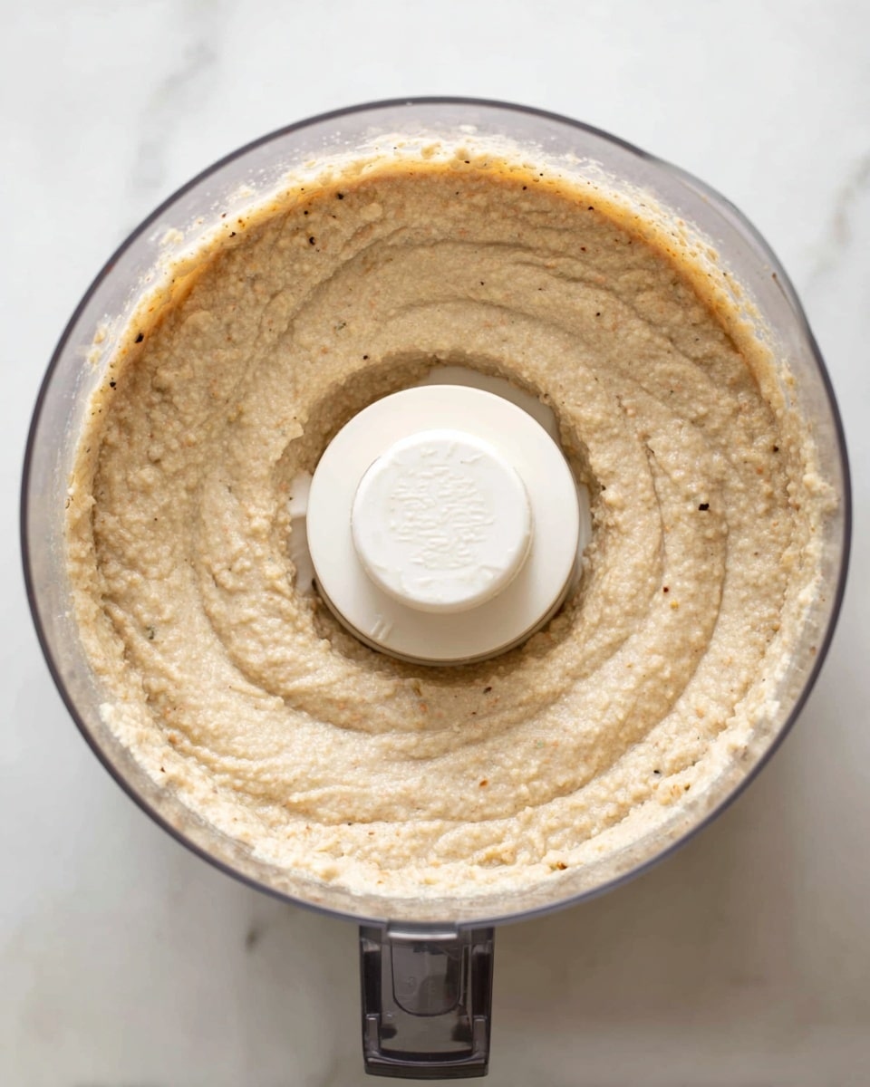 Top view of a food processor bowl filled with a beige thick mixture that has a slightly coarse texture with small dark specks scattered inside. The mixture is even and smooth, covering the entire bottom and sides visible inside the clear plastic bowl. The food processor bowl has a central white blade cover, round and slightly raised. The appliance sits on a white marbled surface. photo taken with an iphone --ar 4:5 --v 7