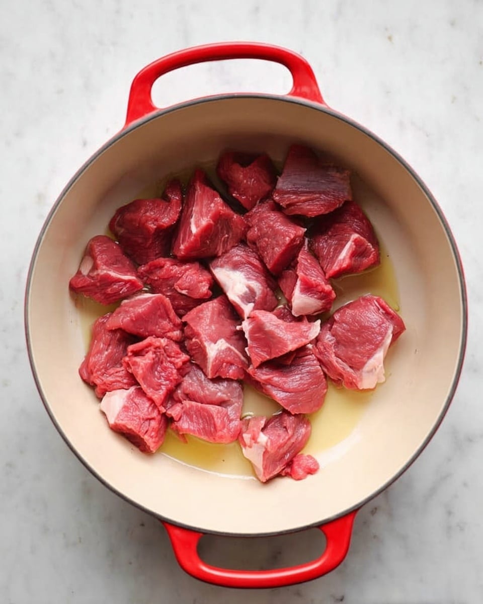 A white round pot with two red handles is shown from above, sitting on a white marbled surface. Inside the pot are many pieces of uncooked red meat, some with visible white fat lines, scattered loosely and resting on a thin layer of cooking oil that gives a shiny yellow tint to the pot's cream interior. The meat pieces vary in size and shape, with a mix of triangular and irregular cuts. Photo taken with an iphone --ar 4:5 --v 7