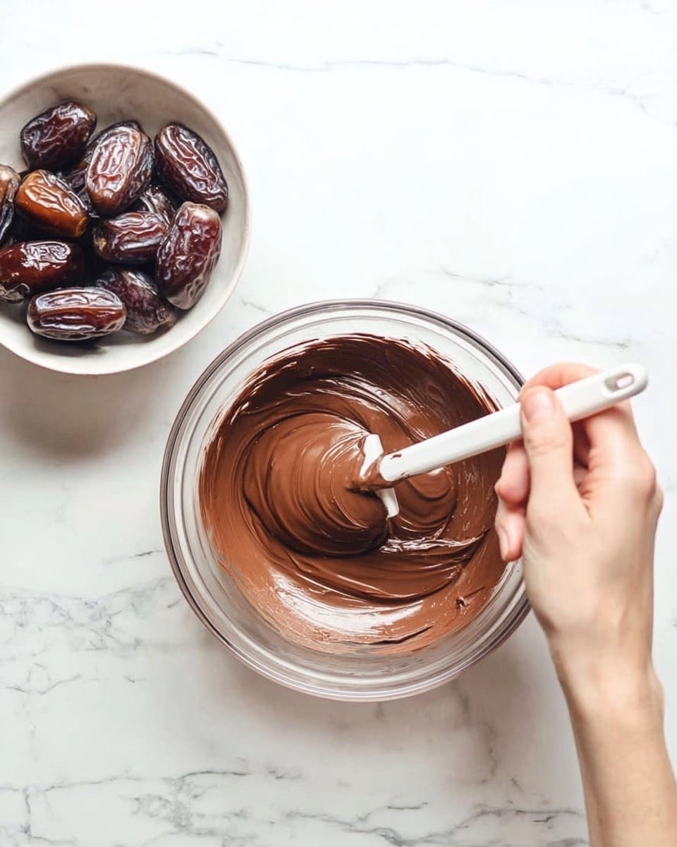 A clear glass bowl holds smooth, shiny, brown chocolate cream being stirred with a white spatula, with a woman's hand holding the bowl steady. Nearby, a white bowl filled with shiny, dark brown dates rests on a white marbled surface. The scene is bright and clean, focusing on the mixing action and textures of the chocolate cream and dates. photo taken with an iphone --ar 4:5 --v 7