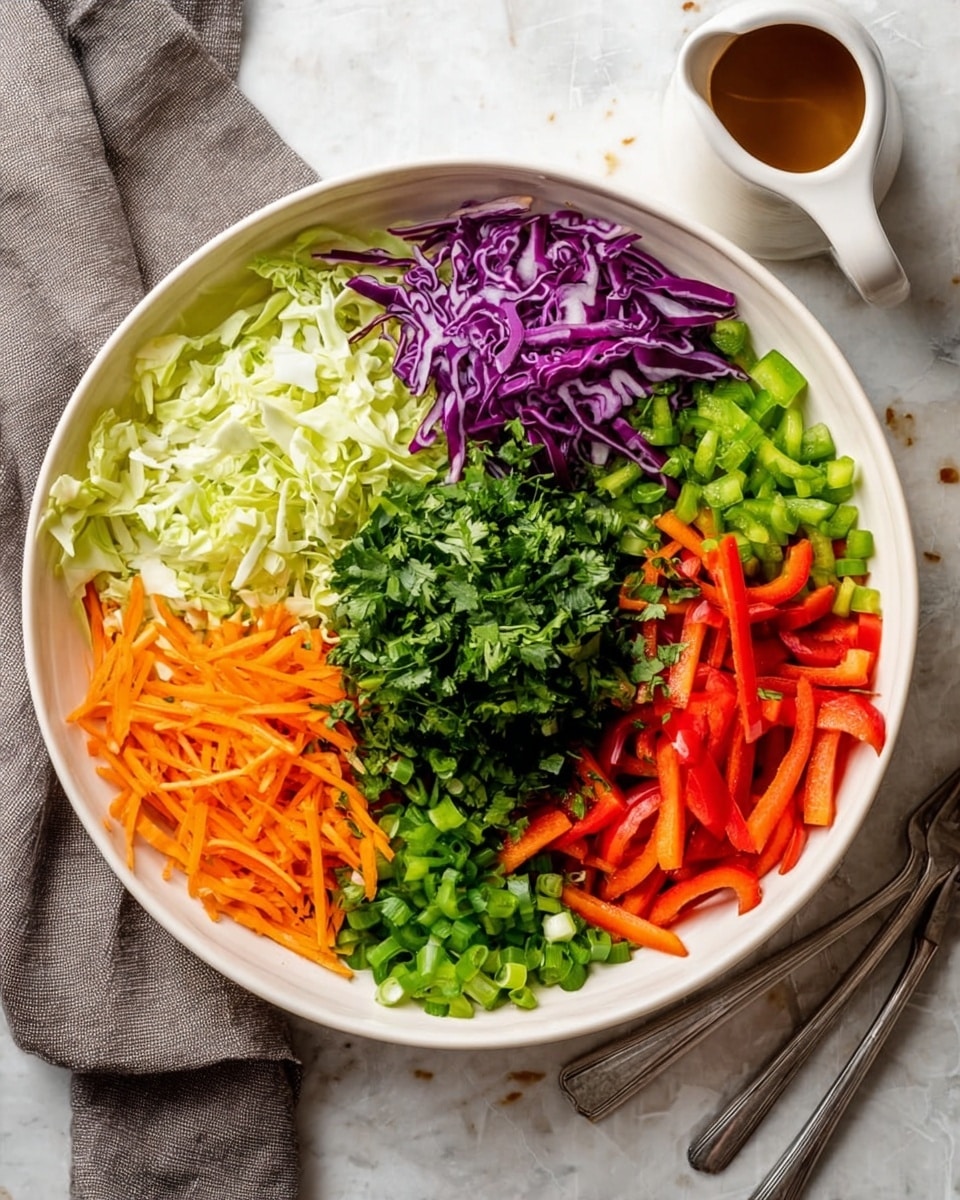 A large white bowl filled with neatly arranged layers of fresh chopped vegetables: shredded purple cabbage at the top left, shredded white cabbage at the top right, diced green bell peppers to the middle right, thinly sliced orange carrots at the bottom right, chopped green onions at the bottom left, and thin slices of red bell pepper along the left edge. In the center, there is a generous pile of chopped green herbs, possibly cilantro. A woman's hand is pouring a thick brown dressing over the center of the salad, with the dressing flowing smoothly down. The bowl sits on a white marbled surface, and a metal spoon is placed next to the bowl on the right side. photo taken with an iphone --ar 4:5 --v 7