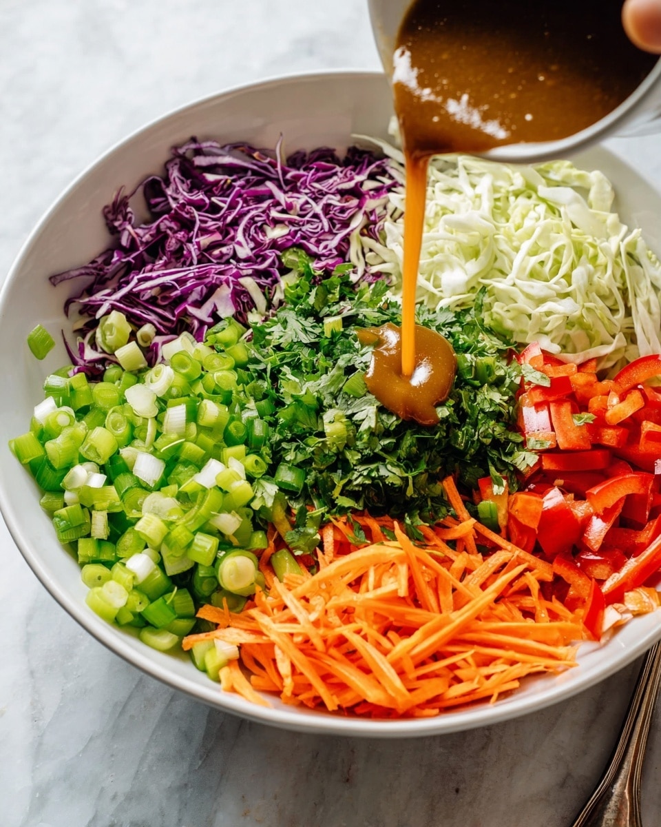 A large white bowl sits on a white marbled surface, filled with six sections of fresh chopped vegetables arranged like a color wheel. Starting from the top left and moving clockwise, there is a layer of thin purple cabbage strips, a layer of pale green cabbage strips, a layer of small diced green bell peppers, a layer of thin orange carrot sticks, a layer of chopped bright green scallions, and a layer of thin red bell pepper strips. The center of the bowl has a thick pile of chopped dark green cilantro. To the right of the bowl, there is a small white pitcher with a brown liquid, and to the bottom right, there is a metal serving spoon and fork. A gray cloth is partly visible in the bottom left corner. Photo taken with an iphone --ar 4:5 --v 7