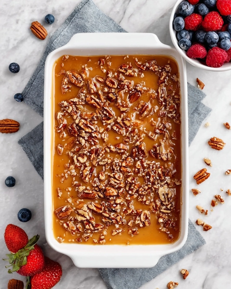 A white rectangular dish holds a two-layer dessert. The bottom layer is hidden but supported under a thick, smooth caramel layer in golden brown that covers the whole surface. On top, chopped pecans are spread evenly, adding a rough texture with their dark brown and light tan mix. The dish sits on a gray cloth napkin, placed on a white marbled surface scattered with a few pecans, blueberries, raspberries, and strawberries. A small white bowl filled with more strawberries, blueberries, and raspberries is visible in the top right corner. photo taken with an iphone --ar 4:5 --v 7