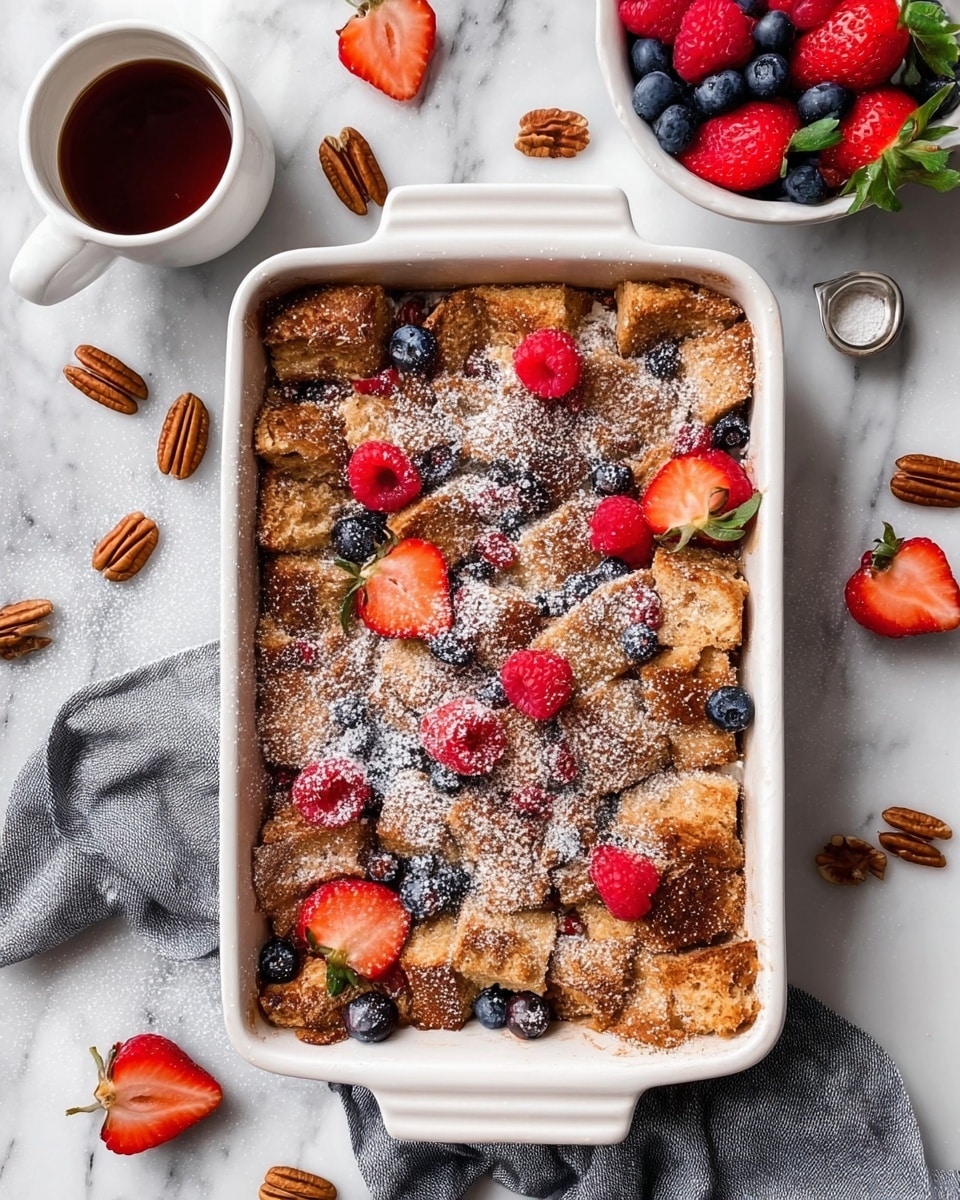 A baked dish in a white rectangular baking dish, showing a golden brown crust made of layered bread pieces dusted with light powdered sugar. On top, there are fresh berries including whole and halved red strawberries, red raspberries, and blueberries, scattered unevenly over the surface. Around the baking dish, fresh berries, pecans, and a small white cup with dark syrup are placed on a white marbled surface with a grey cloth underneath part of the dish. A small white bowl filled with strawberries, raspberries, and blueberries is also visible at the top right corner. photo taken with an iphone --ar 4:5 --v 7