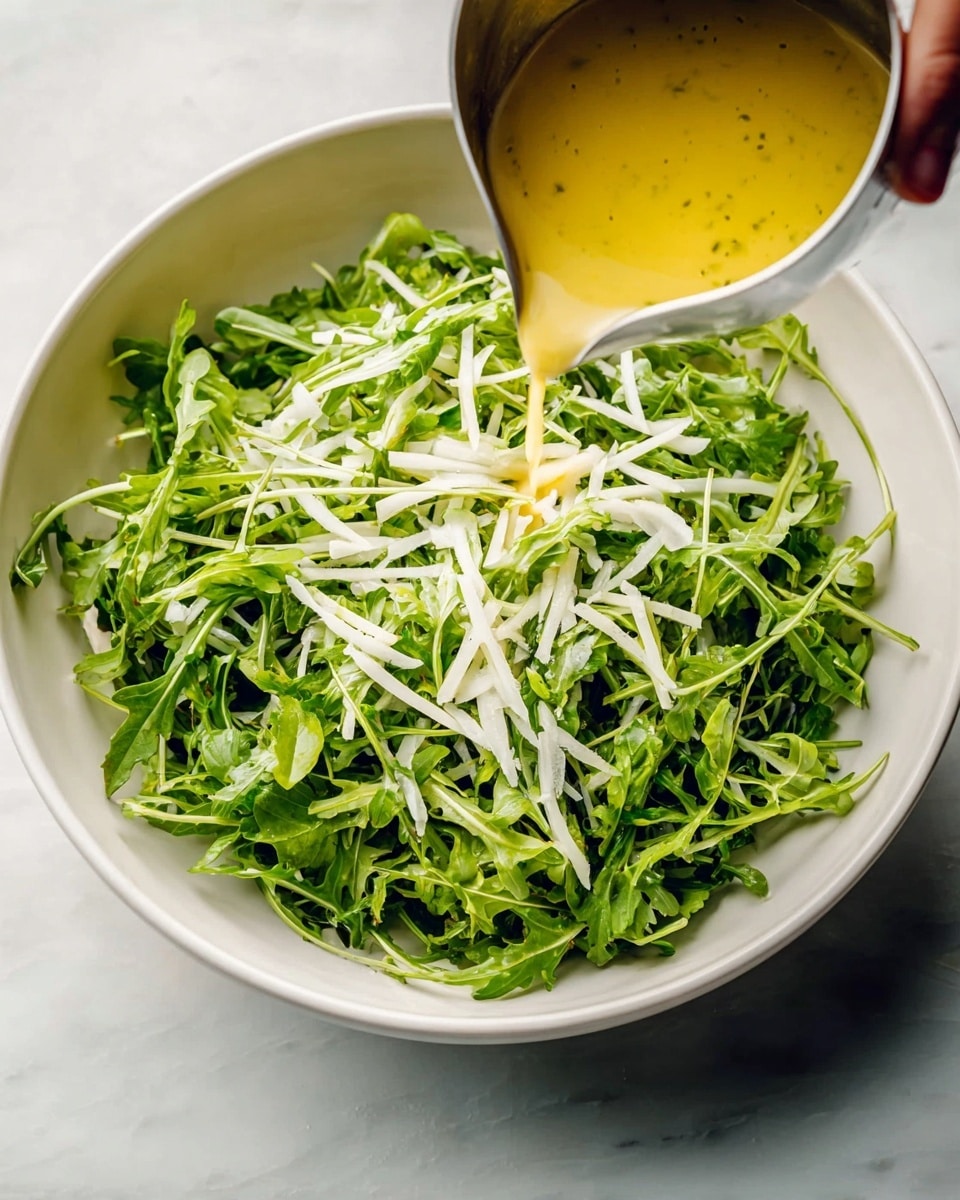 A white bowl filled with a fresh salad made mostly of bright green arugula leaves mixed with thin white strips of another vegetable, probably jicama or pear, creating a light texture contrast. Two silver spoons are partially buried in the salad, one near the top right and the other near the bottom left of the bowl. Around the bowl, there are scattered small arugula leaves on a white marbled surface. Near the bottom left corner of the image, there is a small white pitcher with light yellow dressing inside. Photo taken with an iphone --ar 4:5 --v 7