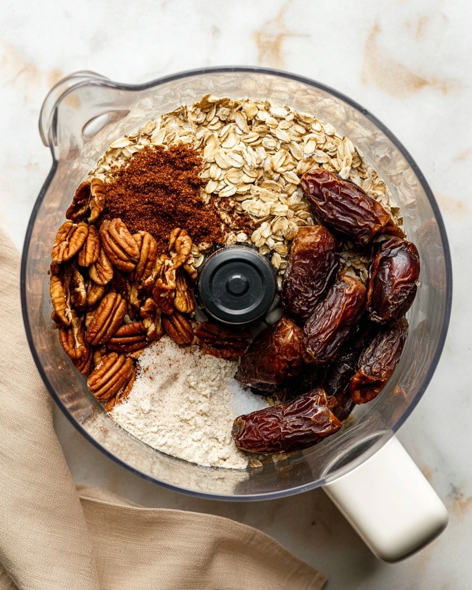 The image shows eleven round energy balls with a slightly rough texture and a golden brown color with visible bits of oats and nuts, arranged neatly on white parchment paper inside a metal tray. The tray is placed on a white marbled surface scattered with pecan halves and small crumbs. To the right, a small white bowl filled with pecans and a tiny white bowl with dark syrup sit beside the tray. On the left side, a metal ice cream scoop with some sticky dough inside rests near a beige cloth. The overall scene is clean and bright with soft natural light, highlighting the varied textures of the nuts, dough, and parchment paper. Photo taken with an iphone --ar 4:5 --v 7