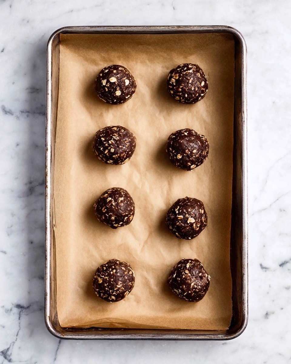 A metal baking tray lined with light brown parchment paper holds eight round dark brown cookie dough balls with visible bits of oats or nuts inside, arranged in two neat vertical columns of four. The tray is placed on a white marbled surface, highlighting the deep brown color and rough texture of the dough balls. Photo taken with an iphone --ar 4:5 --v 7