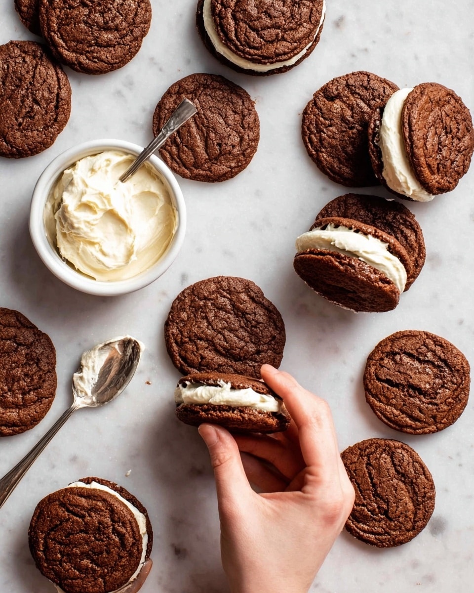 The image shows many dark brown cookies with a rough and slightly cracked surface scattered on a white marbled texture. One cookie is open with white creamy filling being spread on it using a silver spoon held by a woman's hand in the center of the image. Nearby, two cookies are sandwiched together with the white cream in the middle. A small white bowl filled with the same creamy filling and a spoon rests on the left side of the image. The overall scene has a warm and cozy feel with soft lighting. photo taken with an iphone --ar 4:5 --v 7