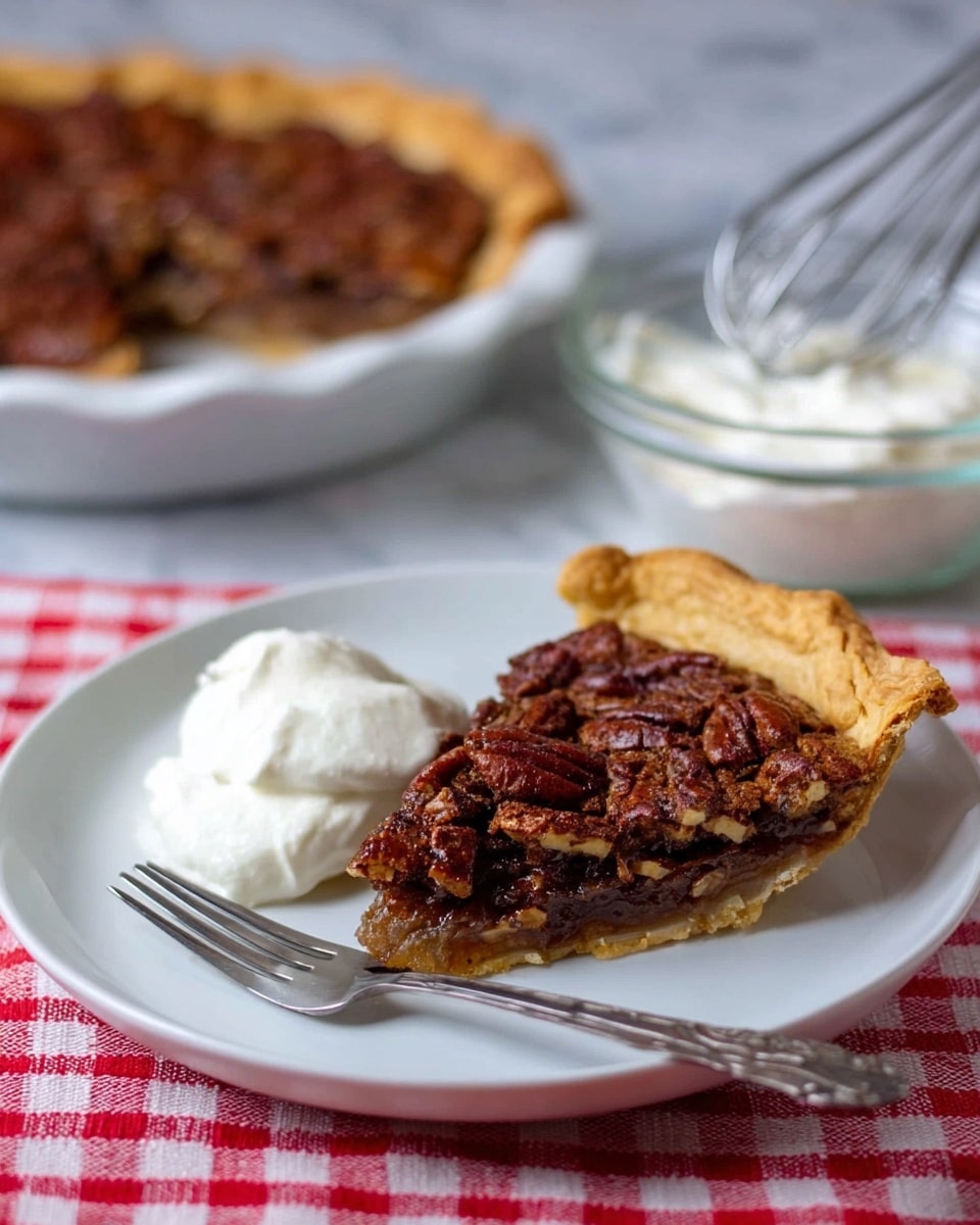 The image shows a single slice of pecan pie on a white plate with a silver fork resting beside it. The pie slice has two main layers: a golden-brown crust at the bottom that looks flaky and slightly curved at the edges, and a thick layer of dark brown filling topped with whole pecan halves that are glossy and textured. A dollop of white whipped cream is placed on the side of the pie slice, adding a fluffy contrast to the dense pie. In the background, there is a white pie pan with more pecan pie and a small clear glass bowl containing extra whipped cream with a whisk inside it, all set on a white marbled surface with a red-and-white checkered cloth underneath the plate. Photo taken with an iphone --ar 4:5 --v 7