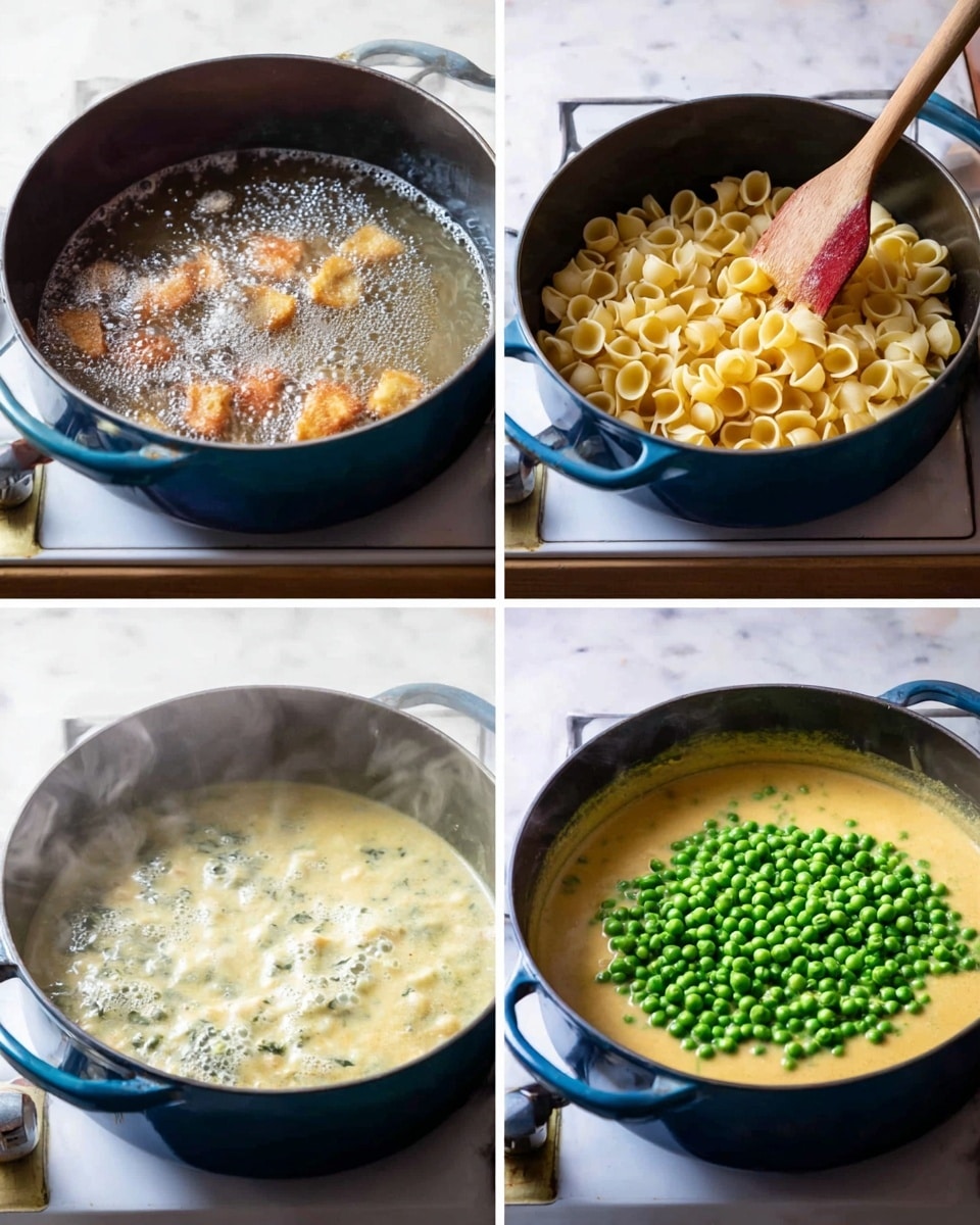 The image shows four stages of cooking in a blue pan placed on a cooker with a white marbled surface under it. The first stage in the top left corner features small pieces frying in oil with bubbles around them, the pieces are light brown and crispy. The second stage in the top right corner shows a wooden spatula stirring small pasta shells in a yellow liquid that looks like broth or soup. The third stage in the bottom left corner shows the contents boiling with bubbles and steam rising, the broth appears creamy and light-colored. The fourth stage in the bottom right corner reveals the same creamy yellow broth with an added big pile of bright green peas on top, some steam is still visible photo taken with an iphone --ar 4:5 --v 7