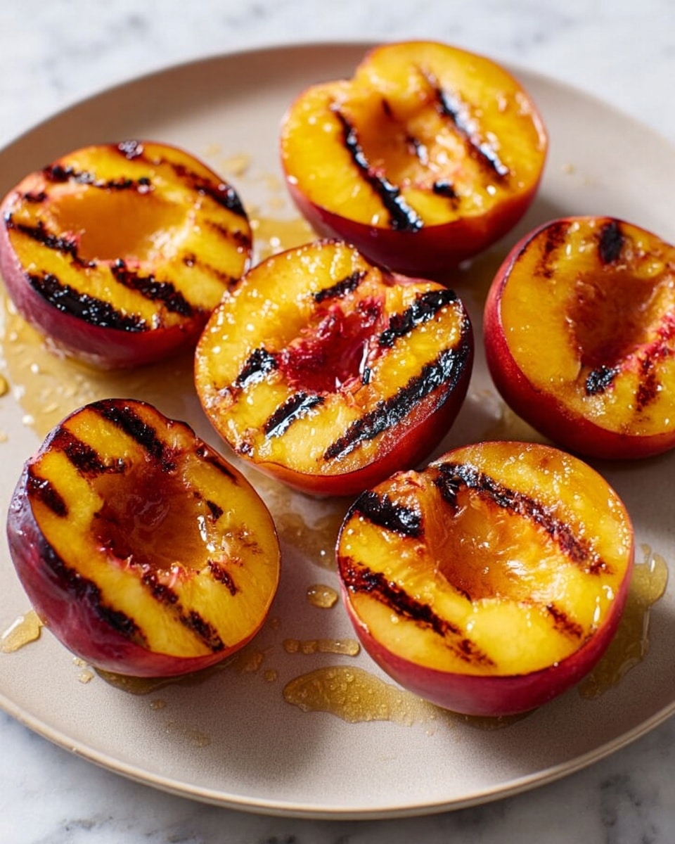 A white plate holds six halved peaches arranged randomly, each peach half showing dark grill marks across the yellow-orange flesh with a slightly charred texture. The peach skins are a mix of deep red and orange hues, creating a vibrant contrast with the bright fruit inside. Some honey or syrup glistens on the peaches and pools lightly around them on the plate, adding a shiny, smooth layer that catches the light. The background is a white marbled surface that adds a clean and soft touch to the fresh and warm-toned fruit photo taken with an iphone --ar 4:5 --v 7