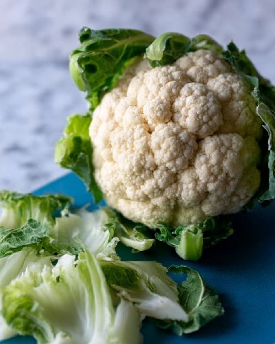 A whole cauliflower with a pale cream color sits on a blue cutting board. Around the cauliflower, there are green and white leaves and stems that have been removed from the vegetable. The background is a white marbled surface. The photo is clear and close-up, showing the rough texture of the cauliflower head and the smooth, fresh leaves photo taken with an iphone --ar 4:5 --v 7