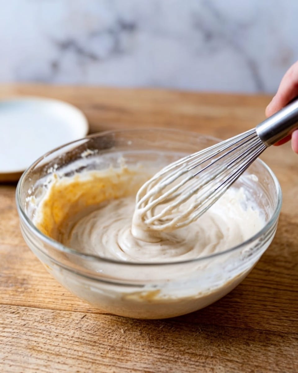 The image shows a clear glass bowl filled with a creamy mixture of light beige and white colors, swirled together with a metal whisk resting inside. The mixture appears thick and smooth with soft peaks. The bowl is placed on a light wooden surface. The background includes a blurred hint of a white marbled surface and a white plate with some of the same mixture on it. The scene is bright and simple with a natural, clean look. photo taken with an iphone --ar 4:5 --v 7