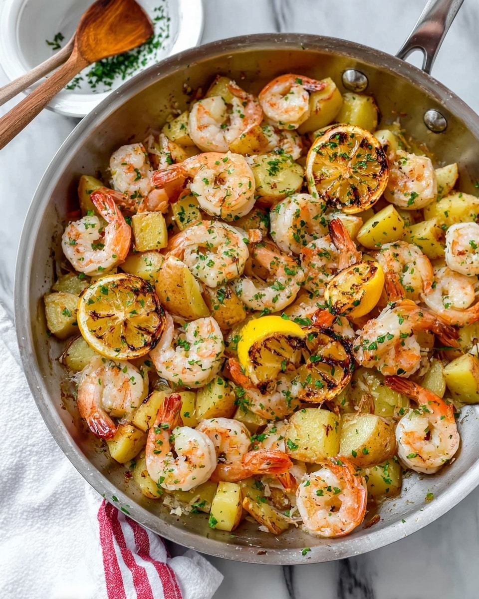 A silver frying pan filled with cooked shrimp that are pale pink with touches of white, mixed with golden brown potato chunks and grilled lemon wedges with a charred yellow and brown surface. The dish is topped with finely chopped green herbs scattered evenly over the ingredients. The pan is placed on a white marbled surface, next to a white bowl with a wooden spoon inside and a white towel with red stripes partially visible in the background. The overall look is fresh and colorful with a mix of warm tones and green highlights photo taken with an iphone --ar 4:5 --v 7