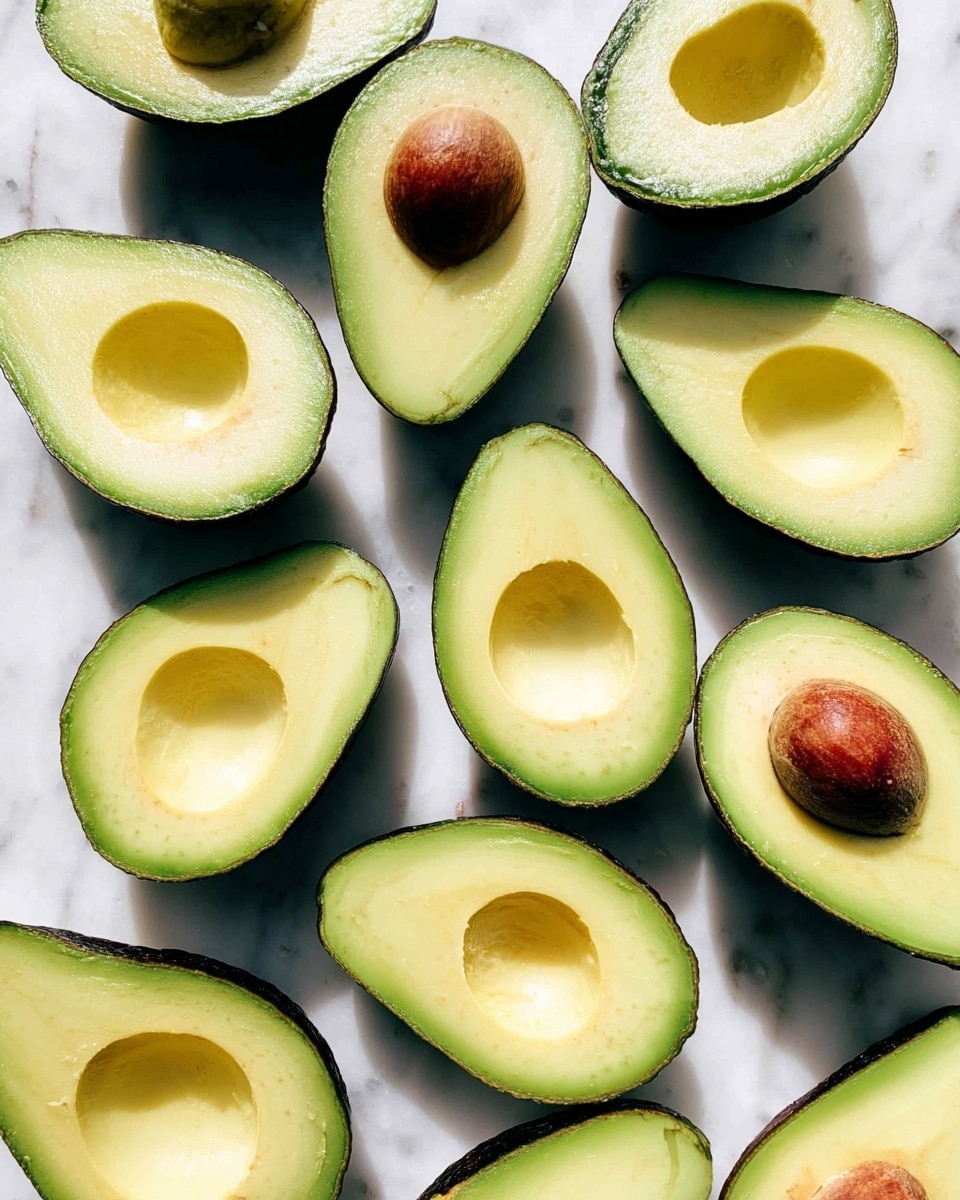 A white marbled surface holds many avocado halves evenly spread out, each showing layers: a dark green rough outer skin, a lighter green flesh closer to the skin with a smooth texture, and a pale yellow-green creamy inner flesh. Some halves have large brown pits in the center, while others are without pits, showing the hollow cavity. The avocados vary slightly in shape and size but all are neatly cut lengthwise. The lighting is bright and natural, highlighting the fresh, smooth texture of the avocado flesh. photo taken with an iphone --ar 4:5 --v 7