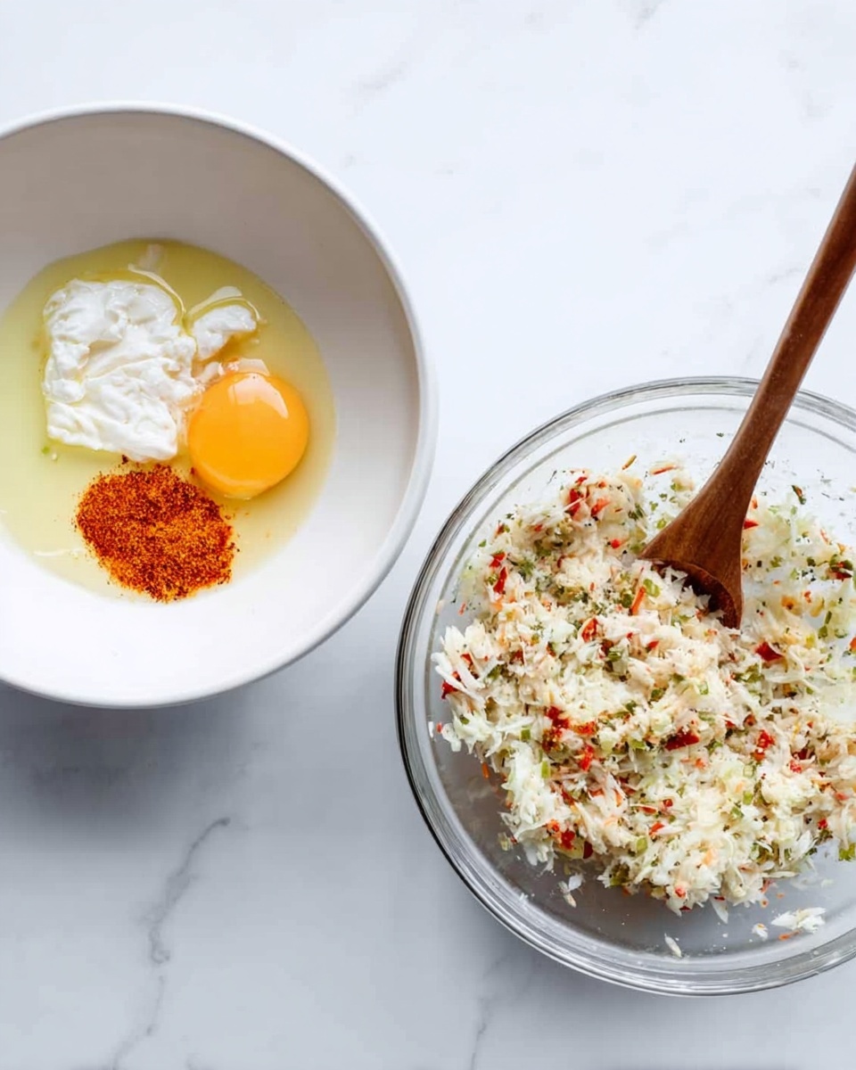 The image shows two bowls side by side on a white marbled surface. On the left, a white bowl contains a raw egg yolk with a clear egg white, a dollop of white creamy sauce, and a small pile of reddish-orange powder, likely spices, layered separately but close together. On the right, a clear glass bowl holds a mixed blend of finely shredded white ingredients with small pieces of red and green bits, stirred with a wooden spoon resting inside. The ingredients in the glass bowl look moist and well combined, showing a textured mix of colors. photo taken with an iphone --ar 4:5 --v 7
