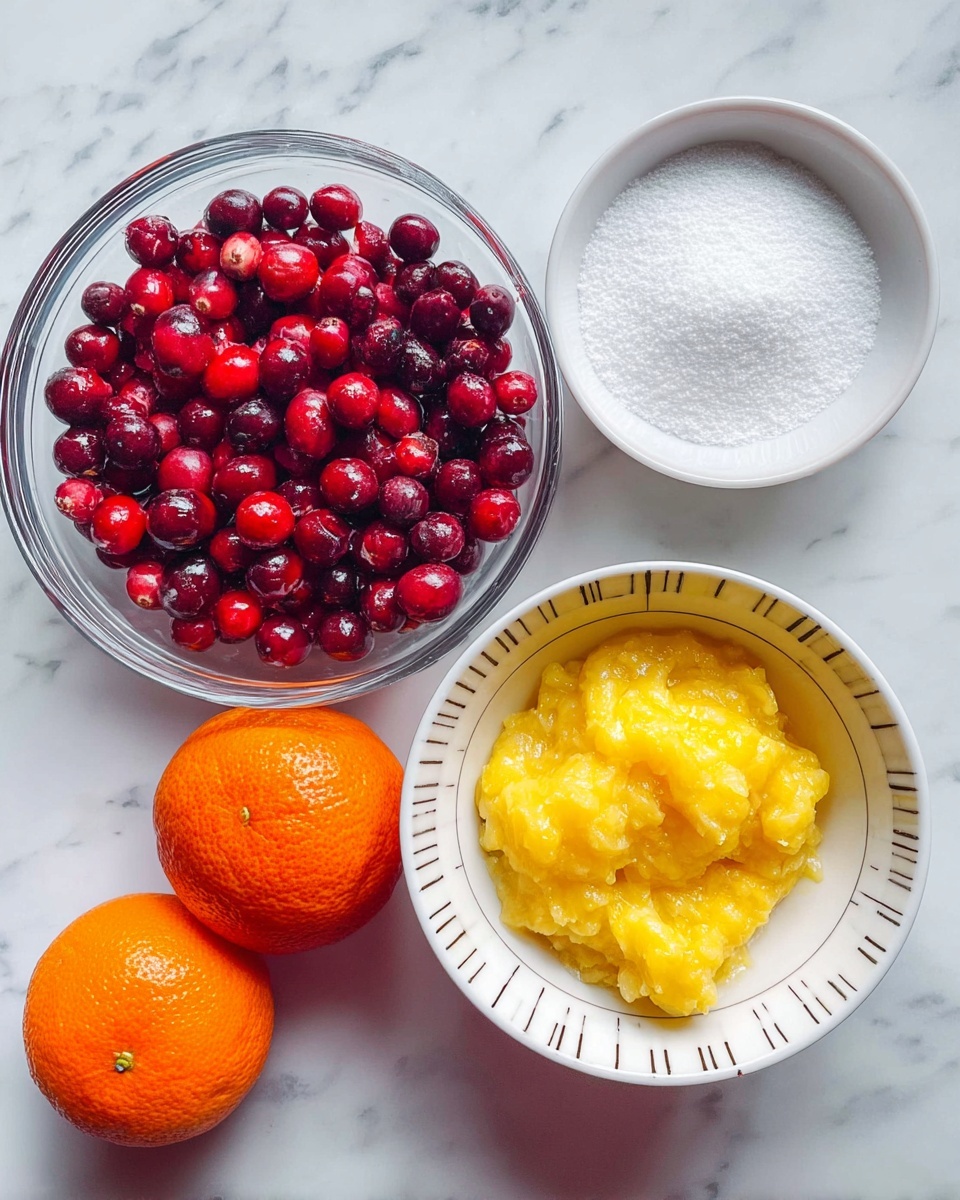 The image shows a clear glass bowl full of fresh red and dark red cranberries on the top left, next to a white bowl containing a fine white powder, likely sugar, on the top right, and two whole bright orange tangerines or oranges placed on the white marbled surface near the bowls, one at the bottom left and the other at the right. In the center, a white bowl with thin black lines inside holds a bright yellow chunky puree or mash. The scene is laid out neatly on a white marbled surface creating a fresh and clean look photo taken with an iphone --ar 4:5 --v 7