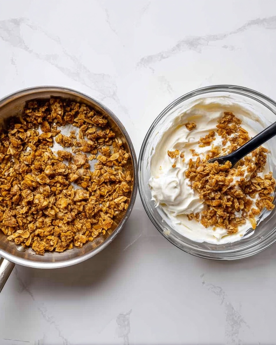 The image is split into two parts on a white marbled surface. On the left, there is a shiny metal pan filled with small, golden-brown pieces of cooked food, showing a rough, slightly crispy texture on top. On the right, a clear glass bowl contains a mix of the same golden-brown pieces combined with a thick, white creamy substance that looks smooth and soft. A black spoon rests inside the bowl, partially covered with the creamy mixture and pieces. Photo taken with an iphone --ar 4:5 --v 7