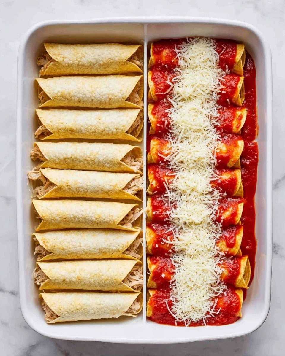A white rectangular baking dish filled with ten rolled yellow tortillas, each tightly wrapped and placed side by side in two rows, showing a filling of light beige shredded meat peeking out from the ends. The left side image shows the tortillas plain, while the right side has a thick, bright red sauce spread over the tortillas, with a neat line of finely grated white cheese arranged down the center on top of the sauce. The dish is set on a white marbled surface, with soft natural light brightening the scene. Photo taken with an iphone --ar 4:5 --v 7