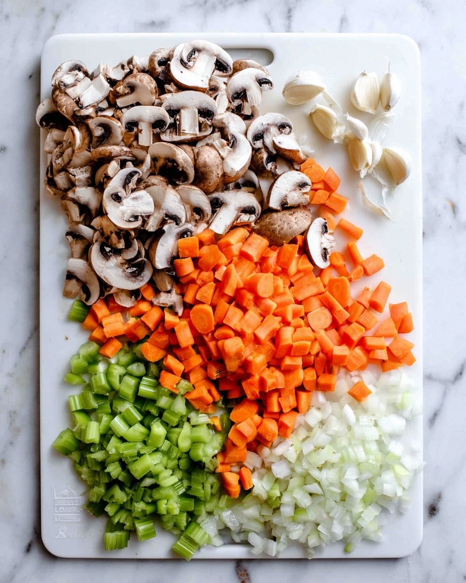 The image shows a white cutting board on a white marbled surface, filled with chopped vegetables. On the upper left side, there are thickly sliced brown mushrooms with visible white and dark brown textures. To the right of the mushrooms, there's a pile of bright orange carrot chunks with varied shapes, some small cubes and some diagonal cuts. Below the carrots is a green layer of celery pieces, cut into short small segments, showing a fresh light green color. At the bottom right of the board, white onion pieces mixed with some small bits of carrots and celery create a rough textured layer. On the top right corner of the board, there are whole garlic cloves, some peeled and some still in their skins. The overall scene is bright and clean, with natural lighting. Photo taken with an iphone --ar 4:5 --v 7
