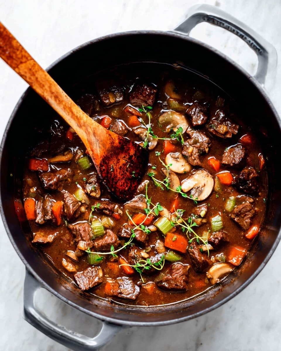 The image shows a black pot filled with a rich brown stew containing chunks of dark brown meat, orange diced carrots, light green celery pieces, and thick slices of brown mushrooms. Small sprigs of fresh green herbs are scattered on top, adding a touch of color. A wooden spoon with a visible char mark is resting inside the pot, partially covered by the stew. The pot sits on a white marbled surface, giving a clean and bright contrast to the dark pot and colorful ingredients. Photo taken with an iphone --ar 4:5 --v 7