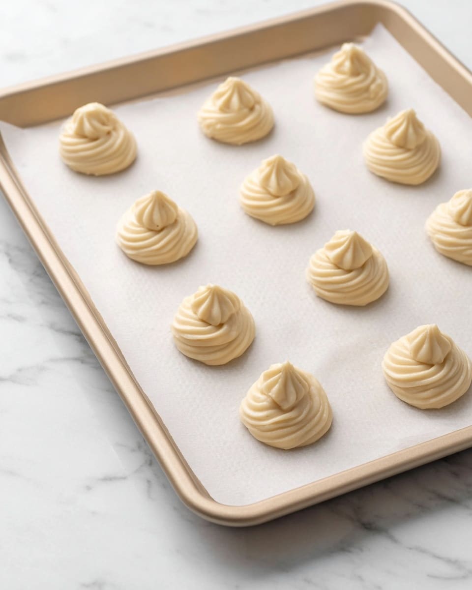 The image shows a white tray filled with cream puffs arranged in rows. Each cream puff has two thick layers of light golden pastry, sandwiching a pale cream filling that looks soft and smooth. On top of every cream puff, there is a glossy layer of dark chocolate sauce dripping down the sides, creating a rich contrast with the light cream and pastry. The background has a white marbled texture, complementing the clean look of the tray and the pastries. photo taken with an iphone --ar 4:5 --v 7