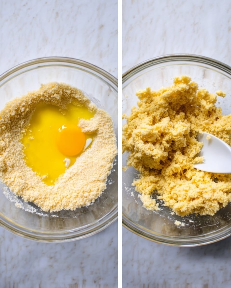The image shows two photos side by side of a clear glass bowl placed on a white marbled surface. In the left photo, the bowl contains a dry crumbly yellow mixture with a pool of melted butter on top, bright yellow in color, sitting in the center. In the right photo, the mixture inside the bowl has been mixed into a rough, crumbly dough with a pale yellow color and slightly grainy texture, with a white utensil resting in the bowl. The photo has soft, natural light and clear focus, with the glass bowl visible around the edges. Photo taken with an iphone --ar 4:5 --v 7
