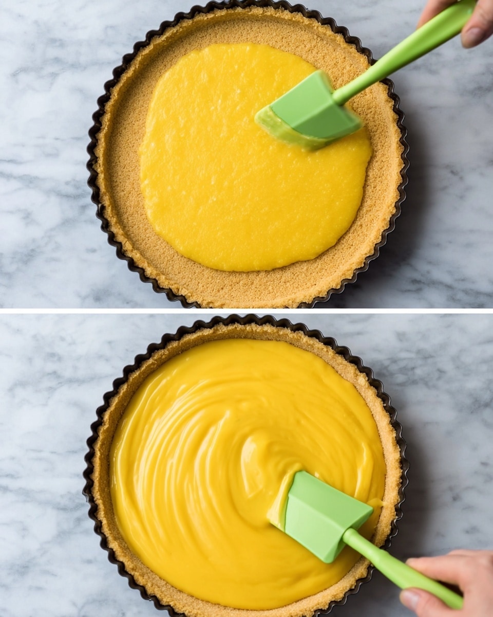 The image shows a two-step process of making a tart on a white marbled surface. The tart has one visible layer, a light golden brown crust with a crumbly texture that forms the base and sides. On top, there is a thick, smooth, bright yellow layer of custard being spread evenly with a green silicone spatula held by a woman's hand. The second frame shows the custard layer fully spread, covering the entire crust smoothly with some subtle swirls. The tart pan is black with a ridged edge. photo taken with an iphone --ar 4:5 --v 7
