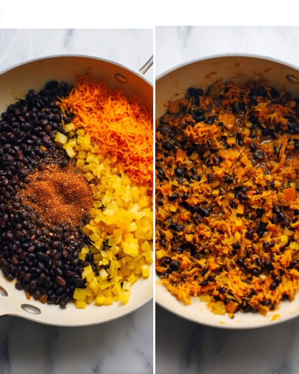 The image shows two side-by-side pictures of a white frying pan on a white marbled surface. In the left picture, the pan contains three layers of ingredients: a base layer of black beans, a middle layer of small yellow bell pepper pieces, and a top layer of grated orange carrots along with a sprinkling of reddish-brown seasoning powder in the center. The right picture shows the same pan after the ingredients have been stirred and cooked together, with everything mixed and softened, creating a uniform mix of black, yellow, orange, and reddish-brown colors. Photo taken with an iphone --ar 4:5 --v 7