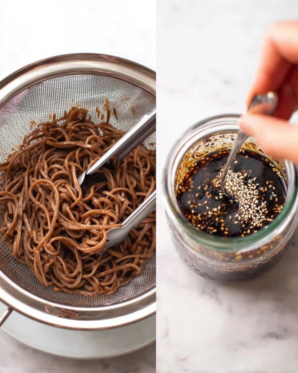 The first image shows a silver colander filled with cooked brown noodles, with metal tongs resting inside the colander, all placed on a white marbled surface. The second image shows a clear glass jar filled with a dark sauce mixed with white sesame seeds being stirred by a woman's hand holding a small fork, also on a white marbled surface. photo taken with an iphone --ar 4:5 --v 7
