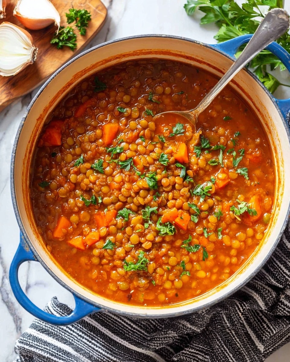 A deep white pot with a blue handle holds a thick lentil stew filled with small round lentils and small orange carrot pieces, all in a rich reddish-brown broth. Bright green parsley leaves are scattered on top, adding fresh color. The stew looks hearty and textured with visible bits of onion and celery within the layers of the soup. A metal spoon rests inside the pot, partially submerged. The pot sits on a white marbled surface with a wooden board holding a shallot and parsley sprigs placed nearby. A piece of black and white striped cloth is partially visible at the bottom. Photo taken with an iphone --ar 4:5 --v 7