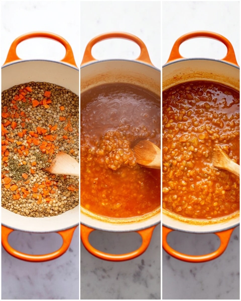 The image shows three side-by-side views of a white pot with orange handles on a white marbled surface. The first view shows a layer of mixed lentils and small diced orange carrots with a wooden spoon stirring inside. The lentils are tan and small, and the carrots add bright orange spots among the lentils. The second view shows the pot filled with a thicker orange liquid with some whole lentils visible and small bubbles on the surface; the wooden spoon is still inside, resting against the side. The third view shows the pot filled with a thick orange lentil stew, with many lentils soft and blended, creating a textured top layer with steam rising. photo taken with an iphone --ar 4:5 --v 7
